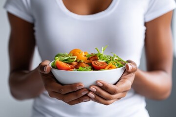 Black Woman Holding Salad Bowl with Tomatoes and Mixed Greens