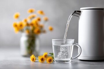 Pouring Water into Glass Mug with Flowers and Electric Kettle on Tabletop