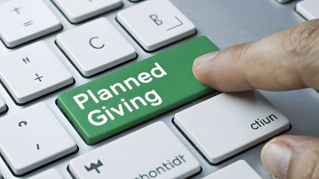 A person pushes a green "Planned Giving" key on a white keyboard, symbolizing strategic charitable donations and financial planning for the future benefit.