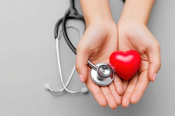 Hands Gently Holding a Red Heart Shape and Stethoscope on Gray Background