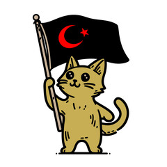 Cute Cat Holding Turkish Flag: Cartoon Illustration