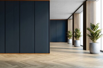 Minimalist interior with wooden floors, large windows, dark accent walls, and decorative potted plants.