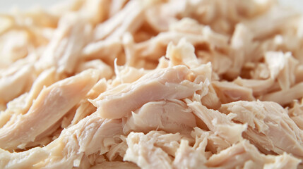 A close-up shot of freshly shredded chicken on a clean white background