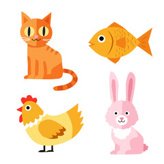 animals, set, cartoon, cute, cat, fish, rabbit, chicken, pet, vector, flat, illustration, child, baby animal, fun, colorful, friendly, character, group, children, animal collection, farm animal, domes