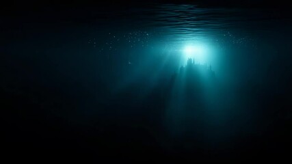 Underwater exploration reveals mysterious structures illuminated by soft light in deep ocean environment, ancient sunken city underwater