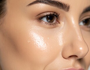 facial skin with dewy, oily surface, medium skin tone