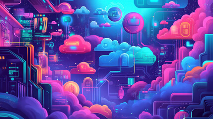 Colorful, professional-style illustration of cloud computing technology, featuring vibrant graphics, digital symbols, and modern tech elements vector style