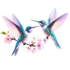 Fototapeta premium Hummingbird Couple on Blossom Branch: Two vibrant hummingbirds hover near delicate pink blossoms, wings outstretched in mid-flight. The scene evokes a sense of spring and delicate beauty.