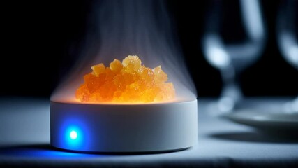 A unique culinary bright dessert in a technological plate with an auto-heating function on the table in an elite restaurant during an evening dinner