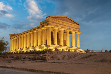 Temple of Concordia in Agrigento, Sicily, Italy at twilight.