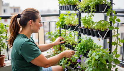 Woman tending to herb garden in vertical farming setup on balcony  