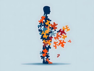 man silhouette composed of puzzle pieces, against background. The puzzle pieces are colorful and appear to be detaching from the figure