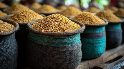 Wheat sacks with market stall, and Africa.