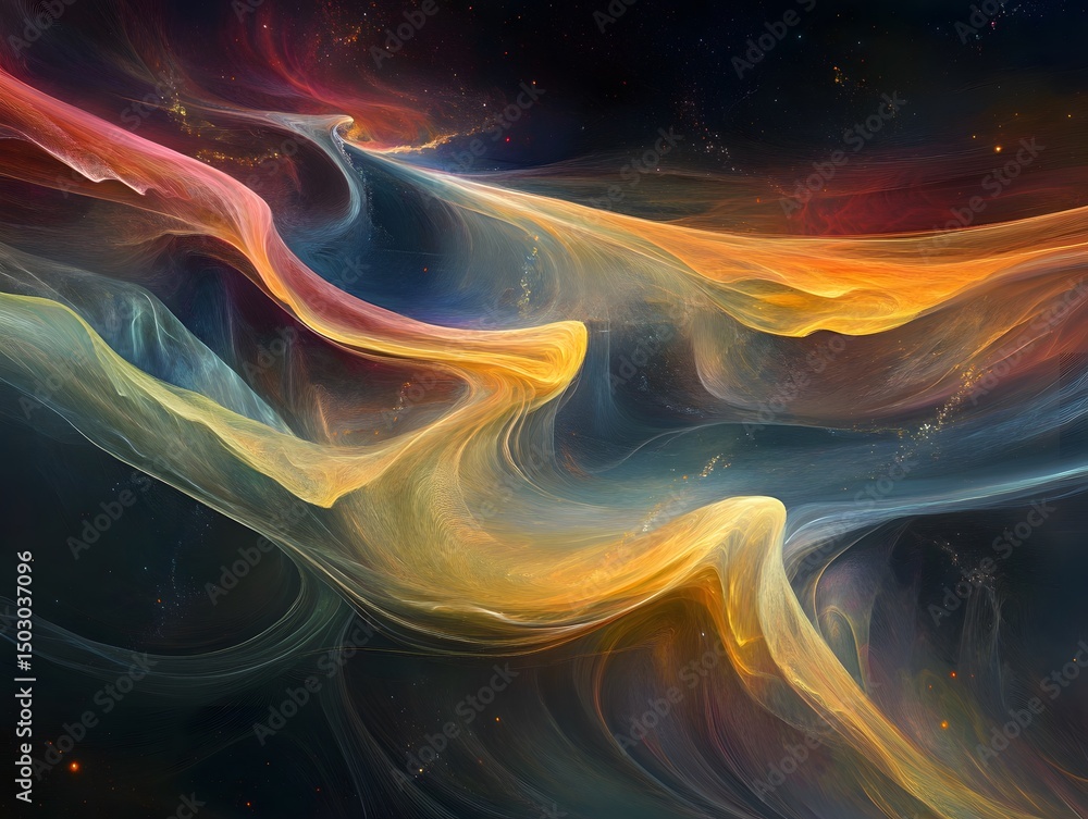 Poster colorful abstract artwork depicting a vibrant and dynamic cosmic nebula. the artwork features flowin