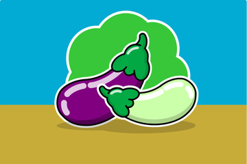 vector illustration two eggplant purple and light green, fresh fruit