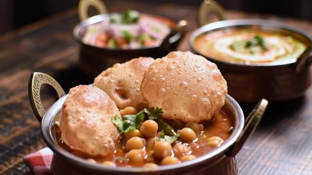 Cinematic close-up of chickpea curry with poori in copper bowl, orbiting and zooming camera motion