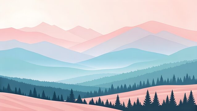 Pastel landscape illustration with layered mountains and pine trees in a serene and minimalist style