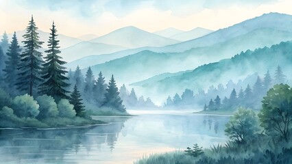 Watercolor painting of tranquil lake surrounded by misty mountains and evergreen trees landscape view