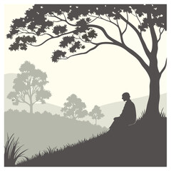 Serene landscape with person sitting under tree