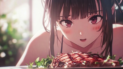 Anime Girl Gazing at a Delicious Grilled Steak