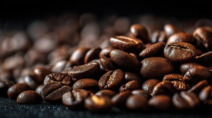Macro shot of coffee beans on dark background with bokeh effect, high-resolution, sharp focus, and professional color grading showcasing texture and depth.