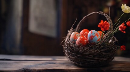 Rustic Easter Eggs in a Twig Nest with Blossoms