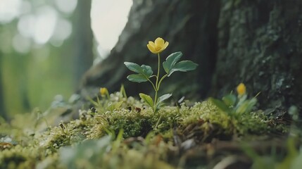 Solitary Yellow Wildflower Emerging in Forest Moss
