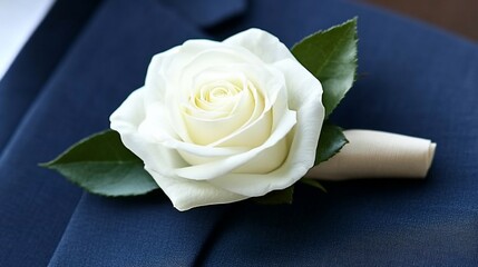 Elegant White Rose Boutonniere on Navy Suit