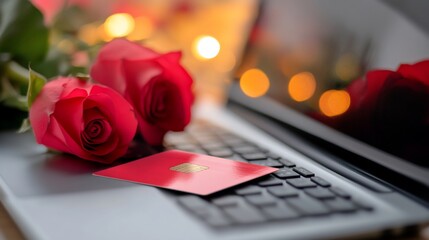 Online Romance: Red Roses and a Credit Card on a Laptop