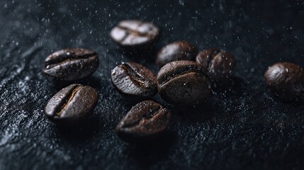 Macro shot of coffee beans on dark background with bokeh effect, high-resolution, sharp focus, and professional color grading showcasing texture and depth.