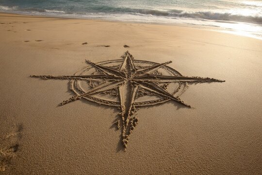 A compass rose drawn in sand on a beach
