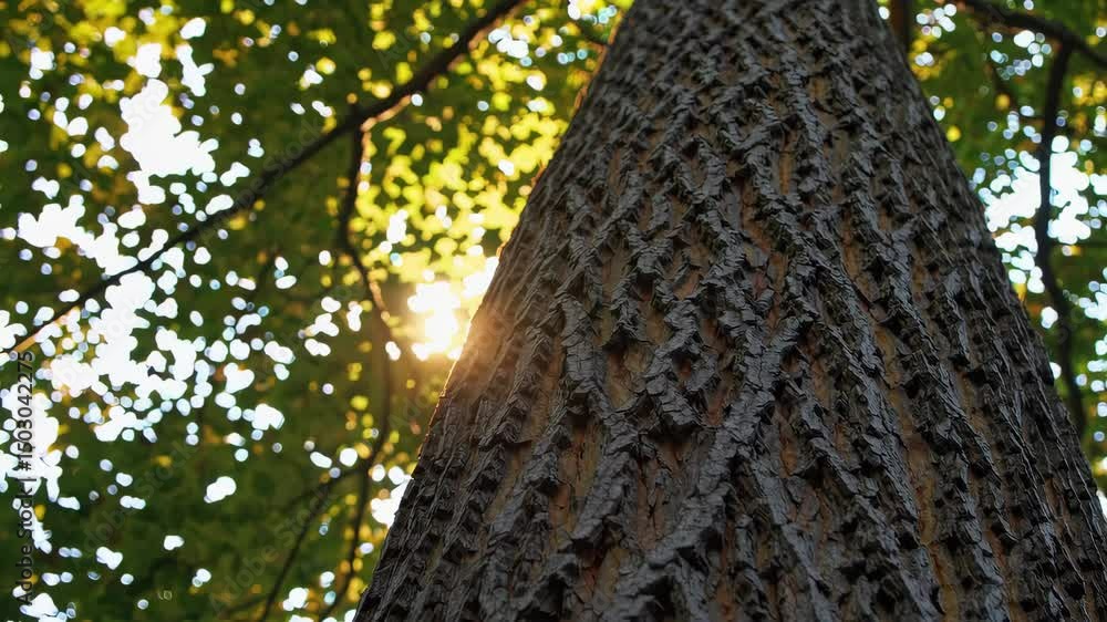 Poster sunlight filtering through leaves of a majestic tree in a tranquil forest setting