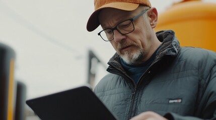 Focused Man Reviewing Data on Tablet Outdoors