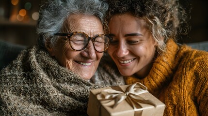 A happy elderly woman and her granddaughter share a joyful moment opening a lovingly wrapped Christmas gift together at home.