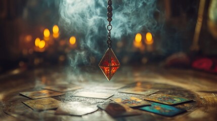 Mystical Pendulum and Tarot Cards in a Smoky Atmosphere