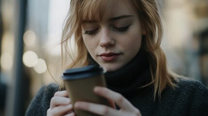 Young Woman Using Smartphone, Coffee in Hand, Urban Setting