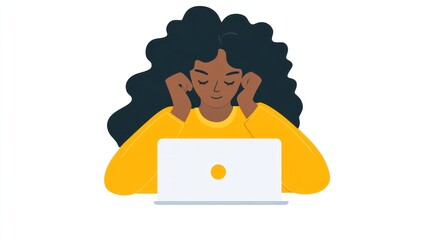 Naklejka premium Relaxed woman using laptop, eyes closed, resting hands.
