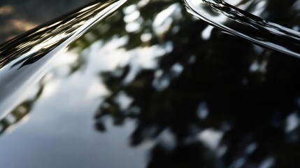 Reflective Black Surface with Tree Silhouette