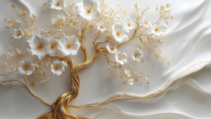 Elegant golden tree with white blossoms on a silky, wavy background, blending luxury and nature in artistic harmony.
