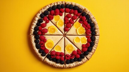 Obraz premium Delicious fruit tart with raspberries, blackberries, and oranges, cut into slices on yellow background.
