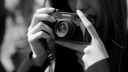 Monochromatic Photography: A Young Woman's Focused Gaze Through a Vintage Camera Lens