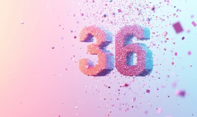 Colorful Three-Dimensional Number Thirty-Six Surrounded by Confetti