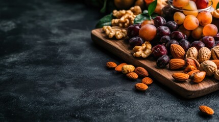 Plums, cherries, almonds, walnuts on dark wood.