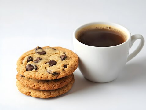 Relaxing Break-Time Setup with Delicious Cookies and a Coffee Cup, chocolate chip cookies and cup of coffee