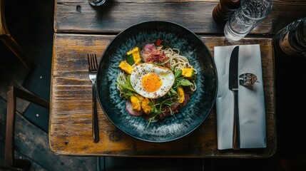 Overhead view of a delicious Asian-inspired noodle dish with a fried egg, served on a rustic wooden table.