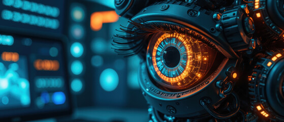 Futuristic robotic eye with intricate details and glowing orange elements, set against high tech background. design evokes sense of advanced