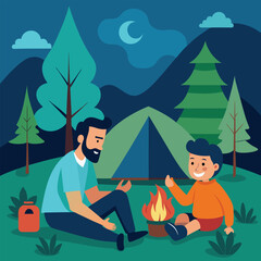Father and son camping in the woods vector illustration