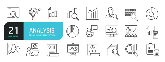 Set of line icons related to analysis, report, inspection, statistic. Editable stroke. Outline icons collection. Vector illustration stock illustration