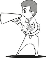 Newsboy with megaphone announces important news - hand drawn vector image.