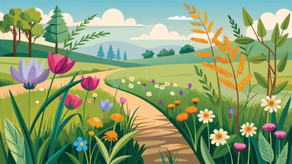 Obraz premium Springtime Meadow Path with Colorful Flowers and Trees